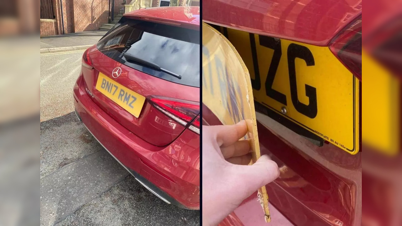 Fake number plate (left) and after it was partially removed (right). Image courtesy: Manchester Evening News