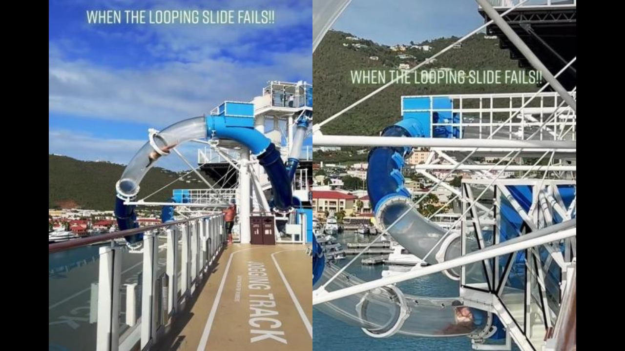 Woman gets stuck in cruise ship's loop slide over the ocean