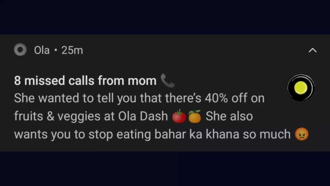 Ola's discount promo that reads, '8 missed calls from Mom'