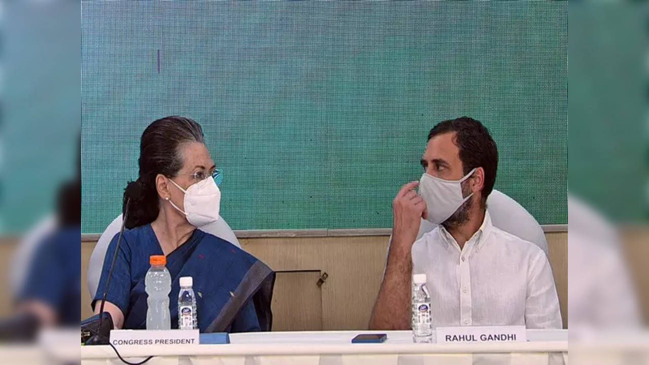 Congress interim president Sonia Gandhi with Rahul Gandhi during the CWC meeting on Sunday.