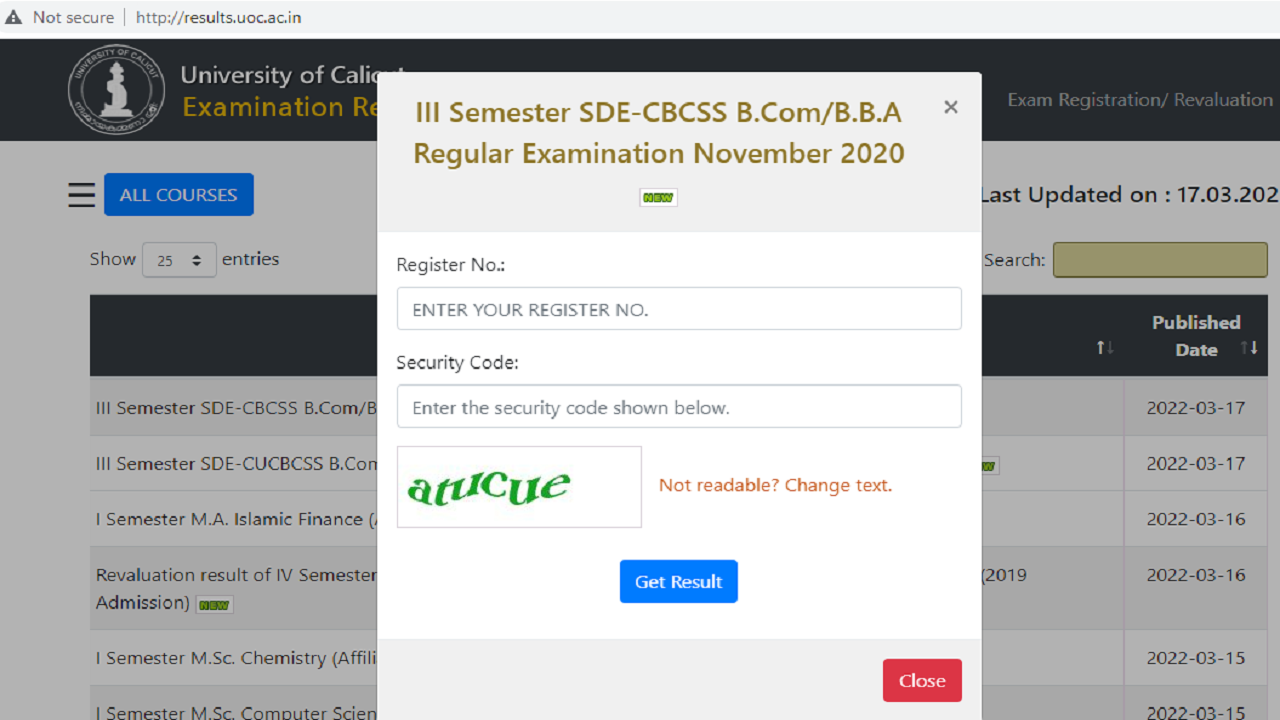 Calicut University Exam Result 2022 B.Com BBA Semester 3 results