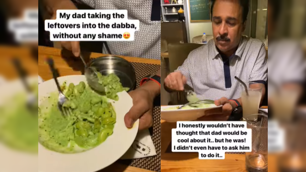 Desi dad packs leftover food in a DABBA at restaurant