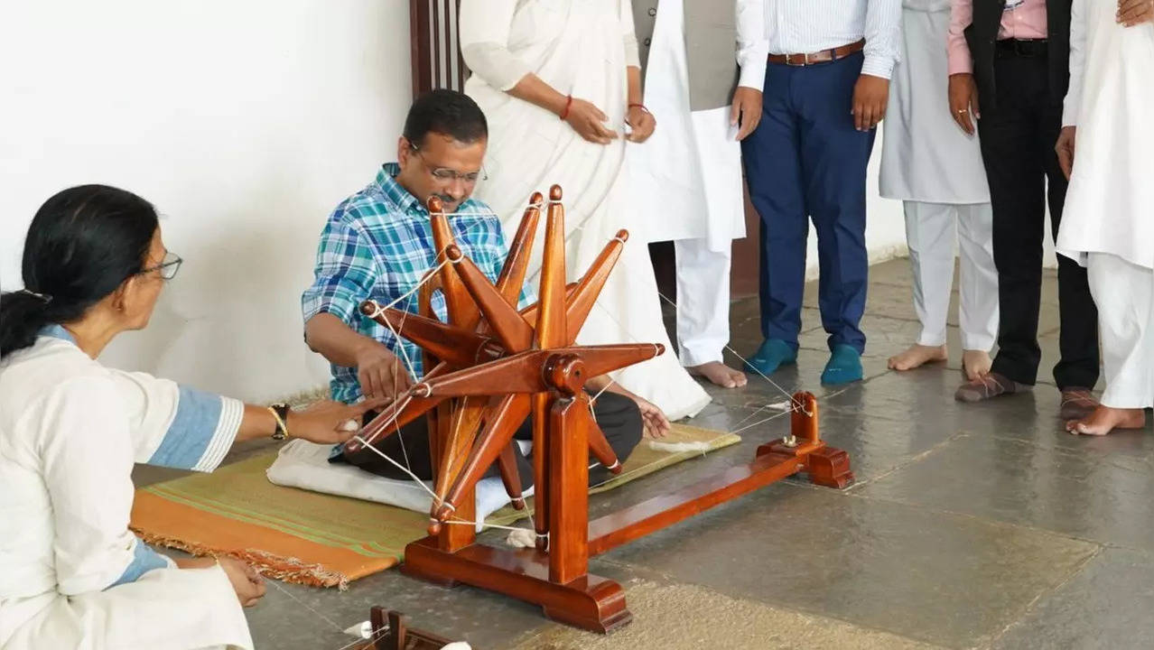 Delhi Chief Minister Arvind Kejriwal spins charkha at Gujarat's Sabarmati Ashram