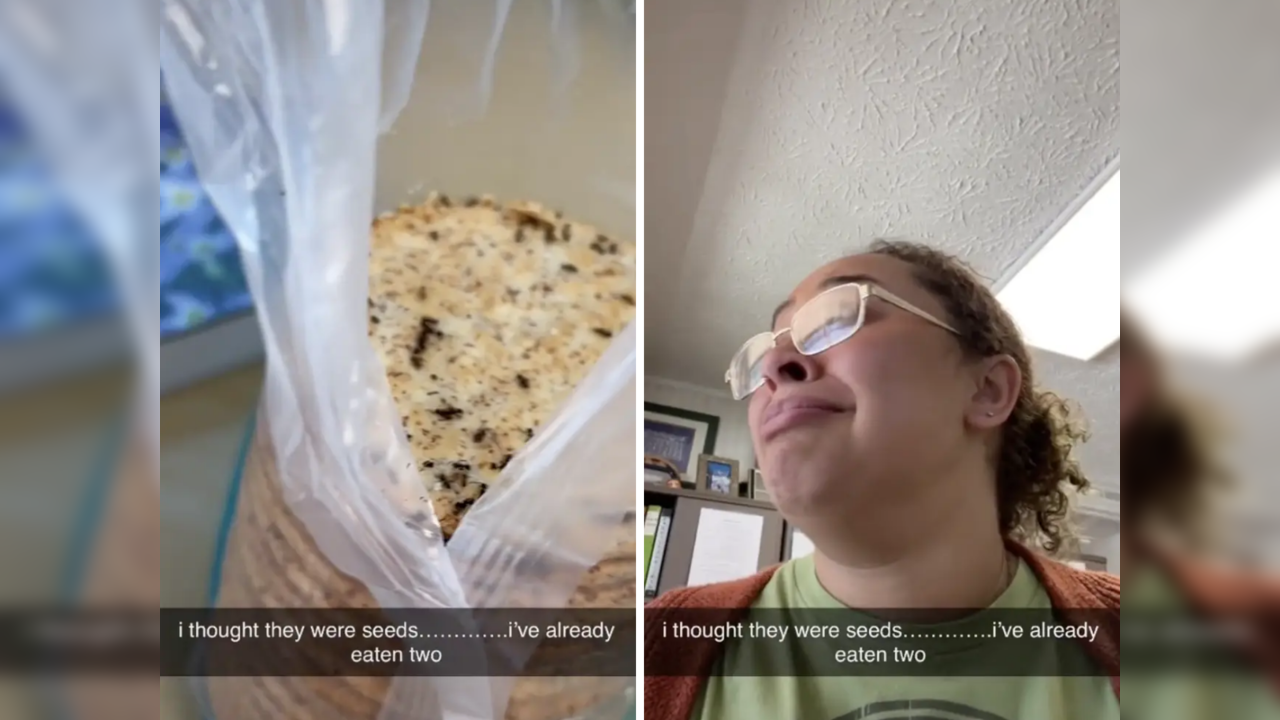 Woman eats biscuits covered with ants