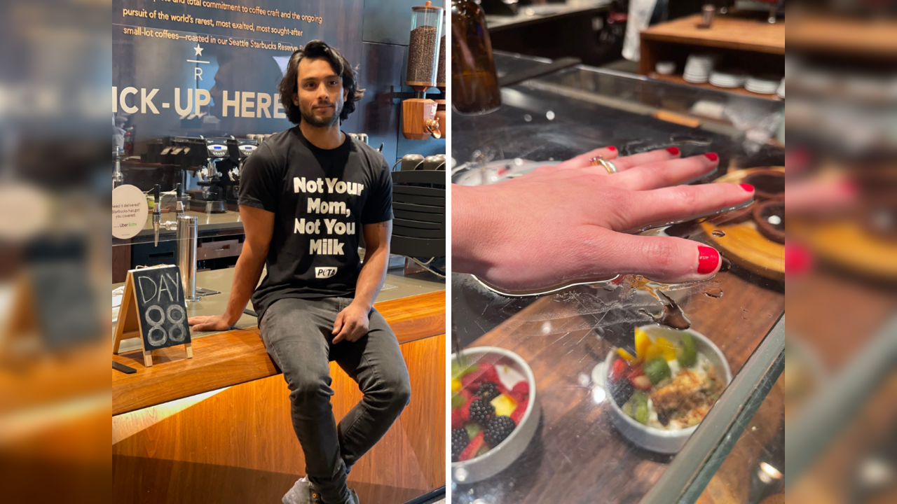 ​PETA activists glue their hands to a Starbucks counter