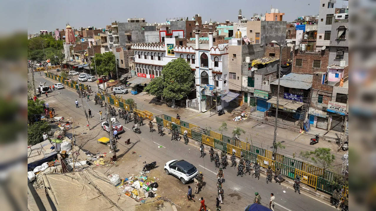 New Delhi: Security personnel guard in the violence-hit Jahangirpuri area, in Ne...