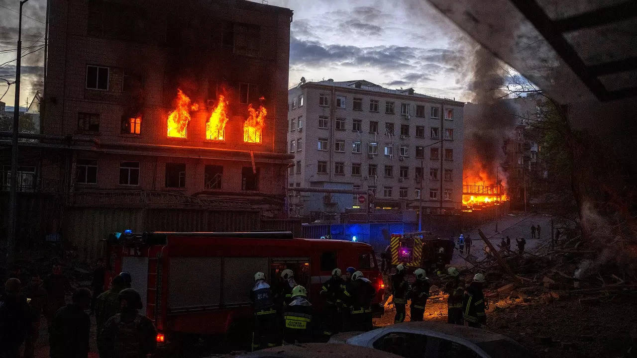 Emergency services are working in the area following an explosion in Kyiv