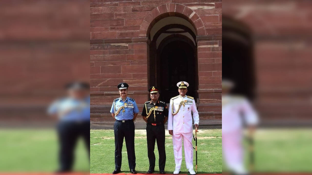 Three services chiefs General Manoj Pande (Army), Air Chief Marshal VR Chaudhari and Admiral R Hari Kumar (Navy),