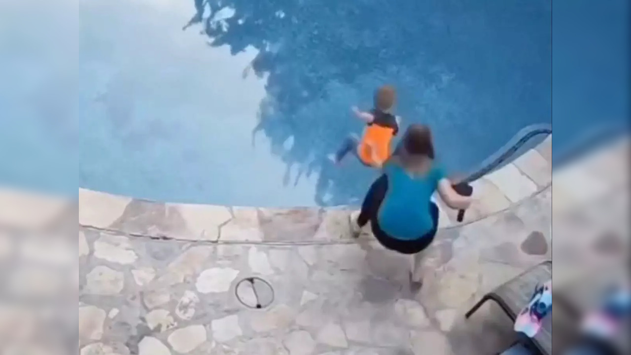 Viral video: Mother catches son jumping into swimming pool mid-air with one  hand, saves the day | Viral News, Times Now