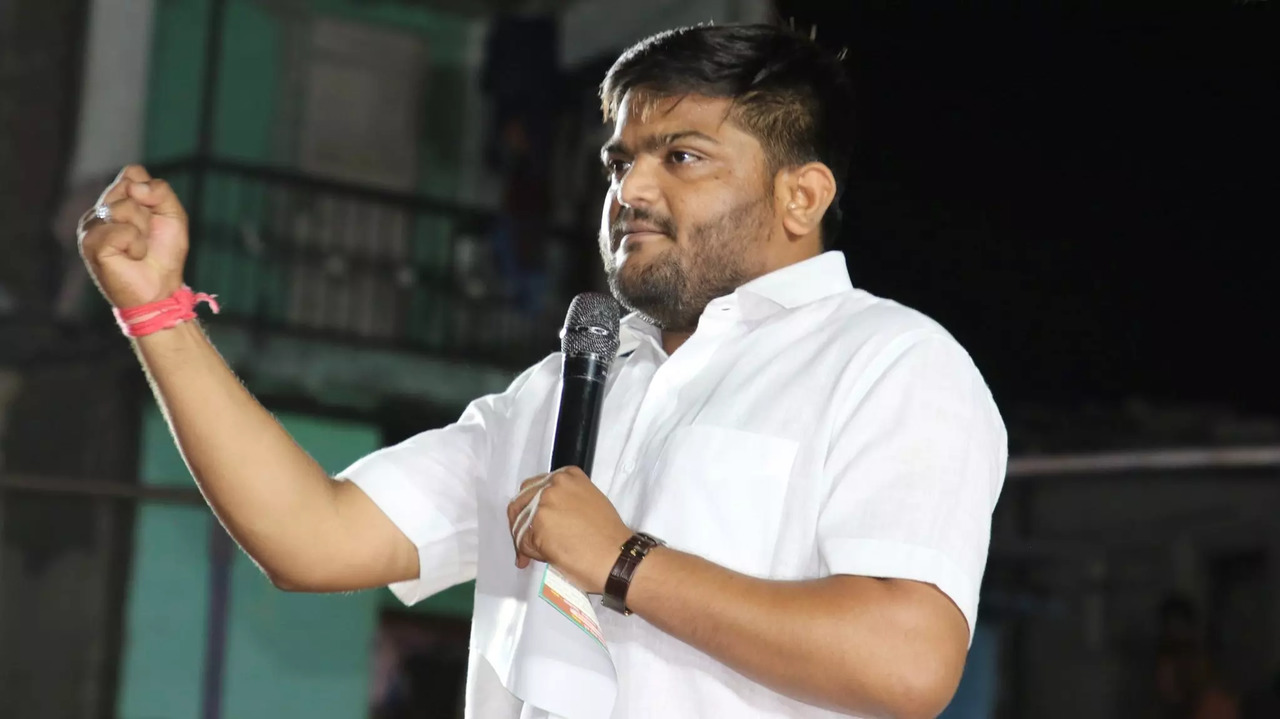 ​Congress leader Hardik Patel addresses an event