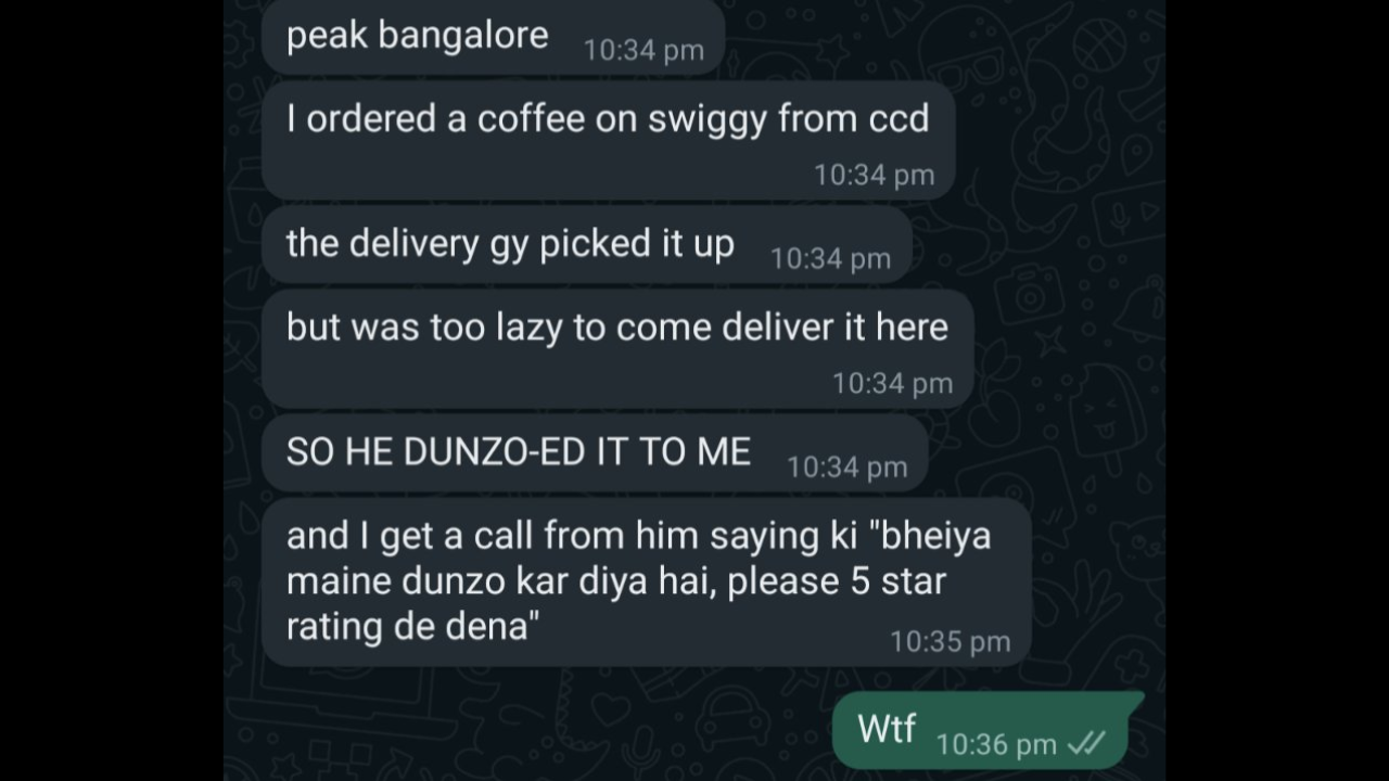 Man orders coffee from Swiggy, delivery guy 'Dunzo-es' it