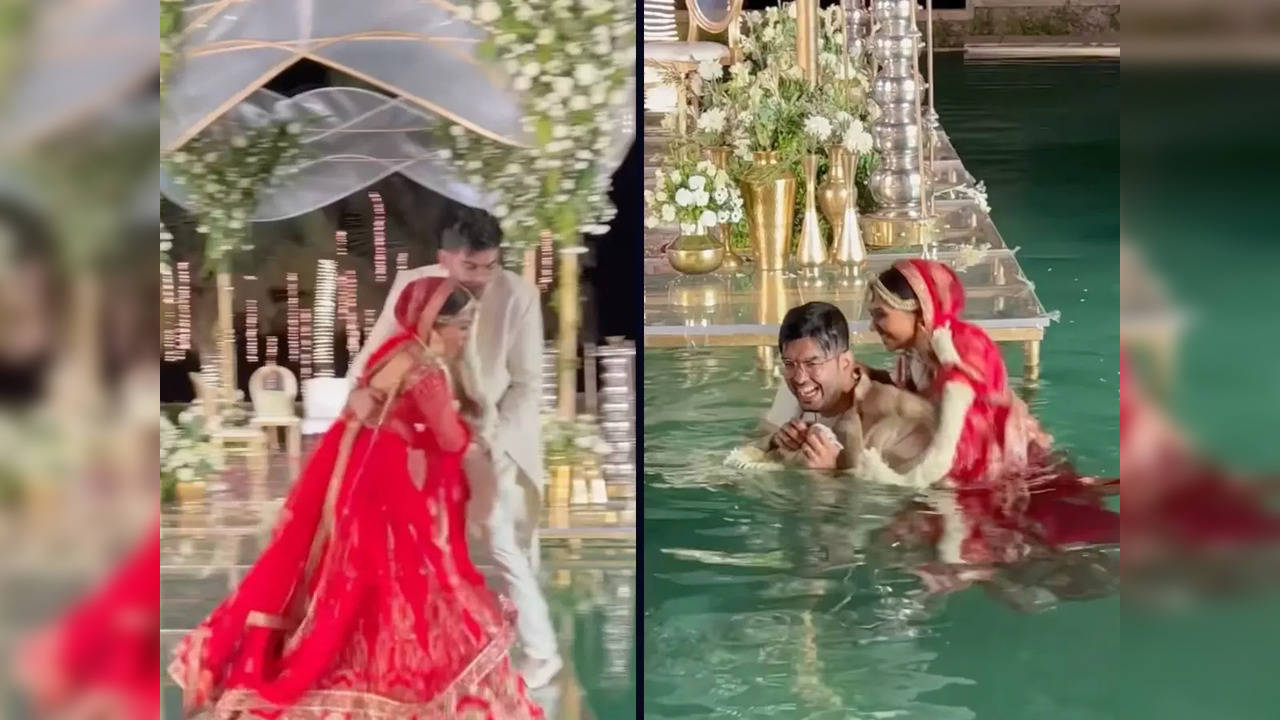 Screengrabs show the moment bride pushes groom into pool | Image courtesy: Instagram/@thecrimsoncircle