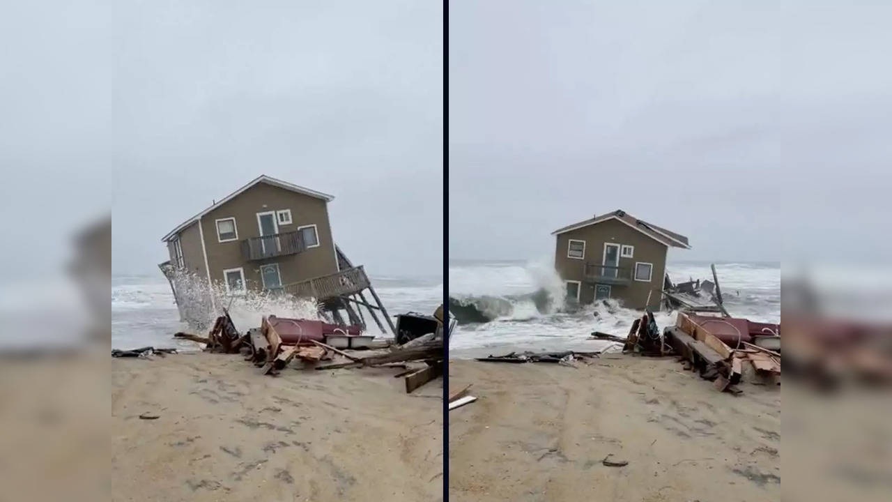 Unoccupied North Carolina beach house collapses amid severe coastal flooding | Image courtesy: Twitter/@CapeHatterasNPS