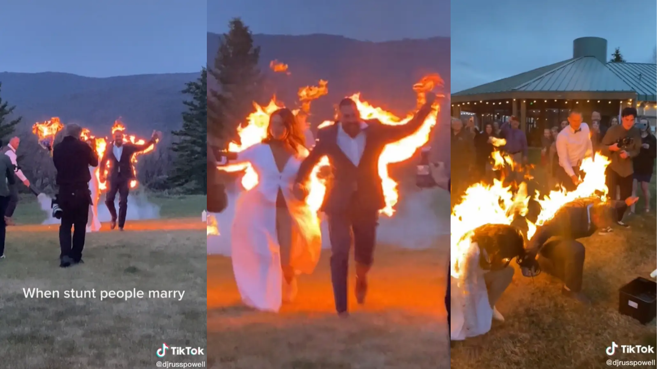 Bride and groom set themselves on fire in wedding exit stunt