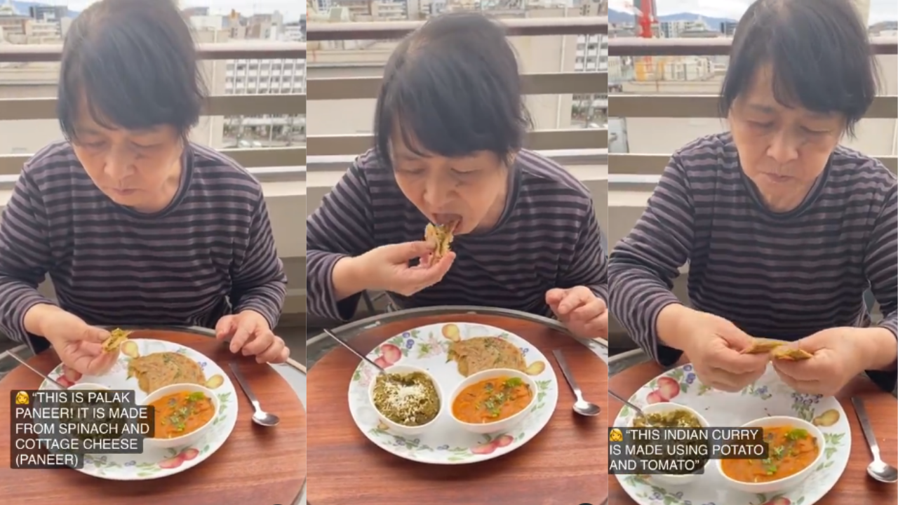 Japanese grandmother tries palak paneer and aloo tamatar ki sabzi for first time