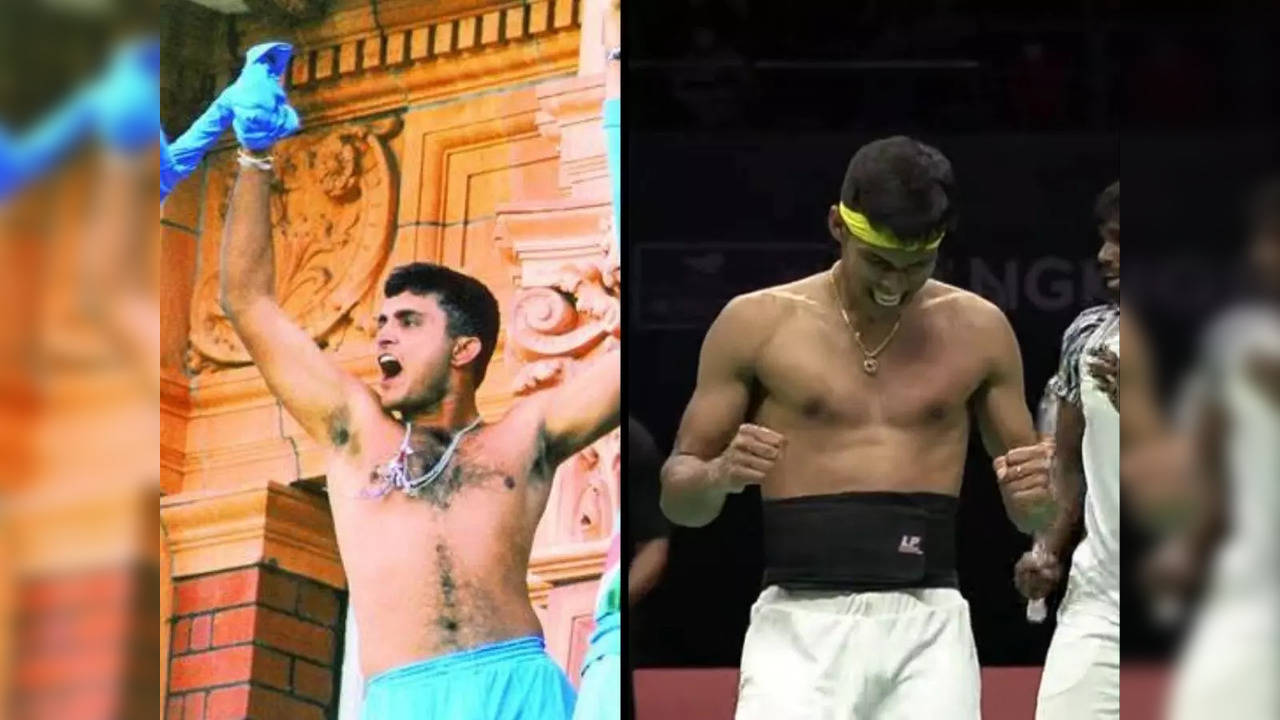 Left: Sourav Ganguly waves shirt at Lord's; right: Chirag Shetty celebrates shirtless after winning Thomas Cup Final | Image credit: Twitter