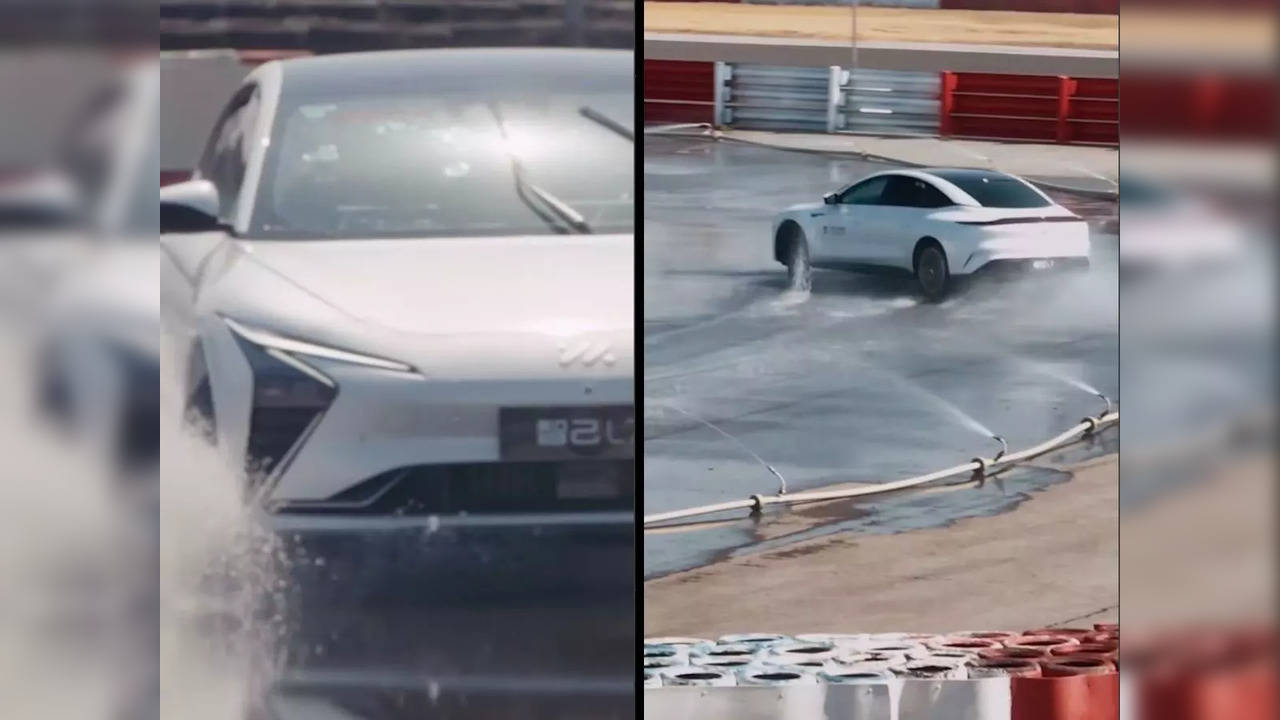 Zhiji Motors's electric car drifting on a wet surface during the Guinness World Record attempt | Image courtesy: Instagram/@guinnessworldrecords