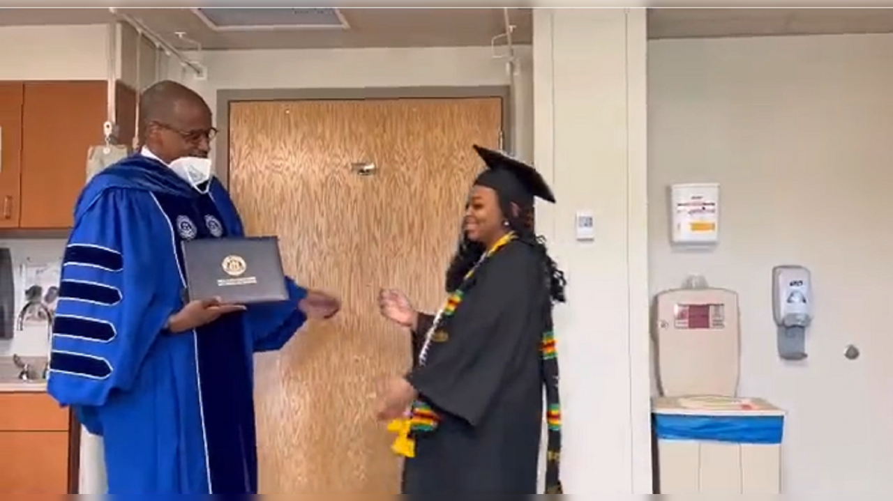 Woman receives college degree in hospital room