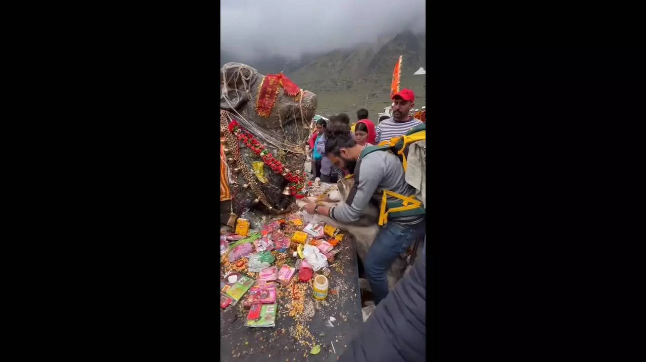 Dog touches Nandi statue at Kedarnath