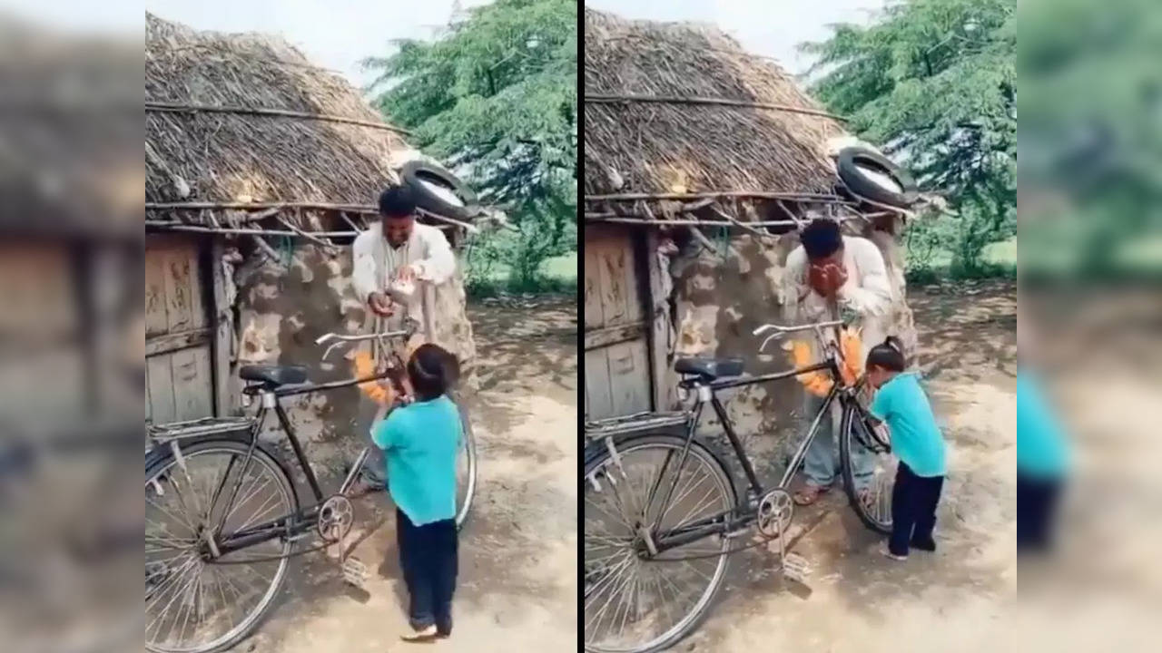 Young boy jumps in excitement at a second-hand bicycle | Image courtesy: Twitter