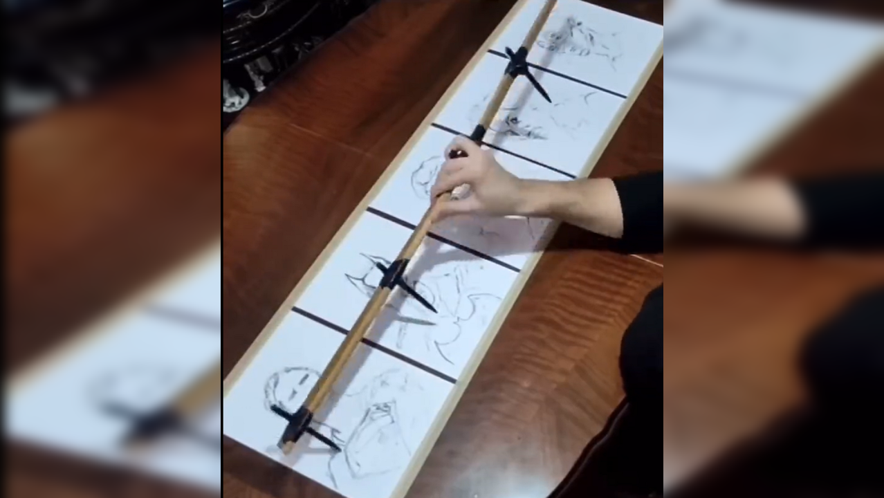 Artist sketches five portraits simultaneously