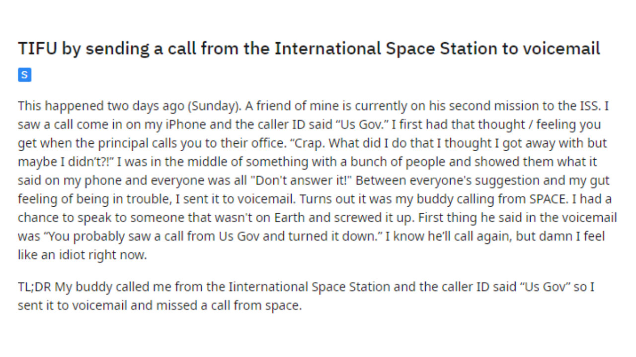 Man regrets ignoring long-distance call from space