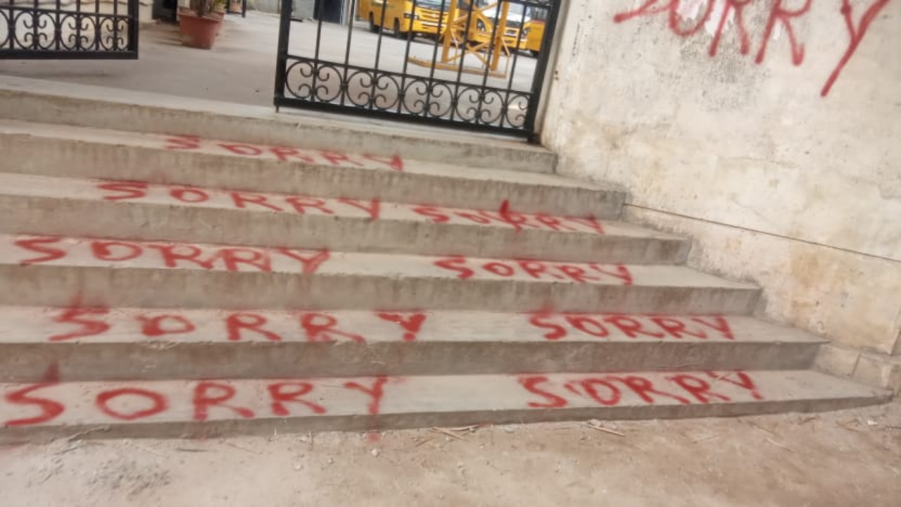 'Sorry' painted in red, bold letters all over Bengaluru school walls, nearby streets