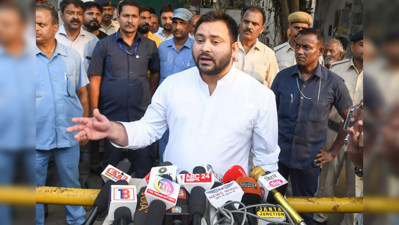 Patna: RJD leader Tejashwi Yadav speaks to media persons after meeting with Biha...