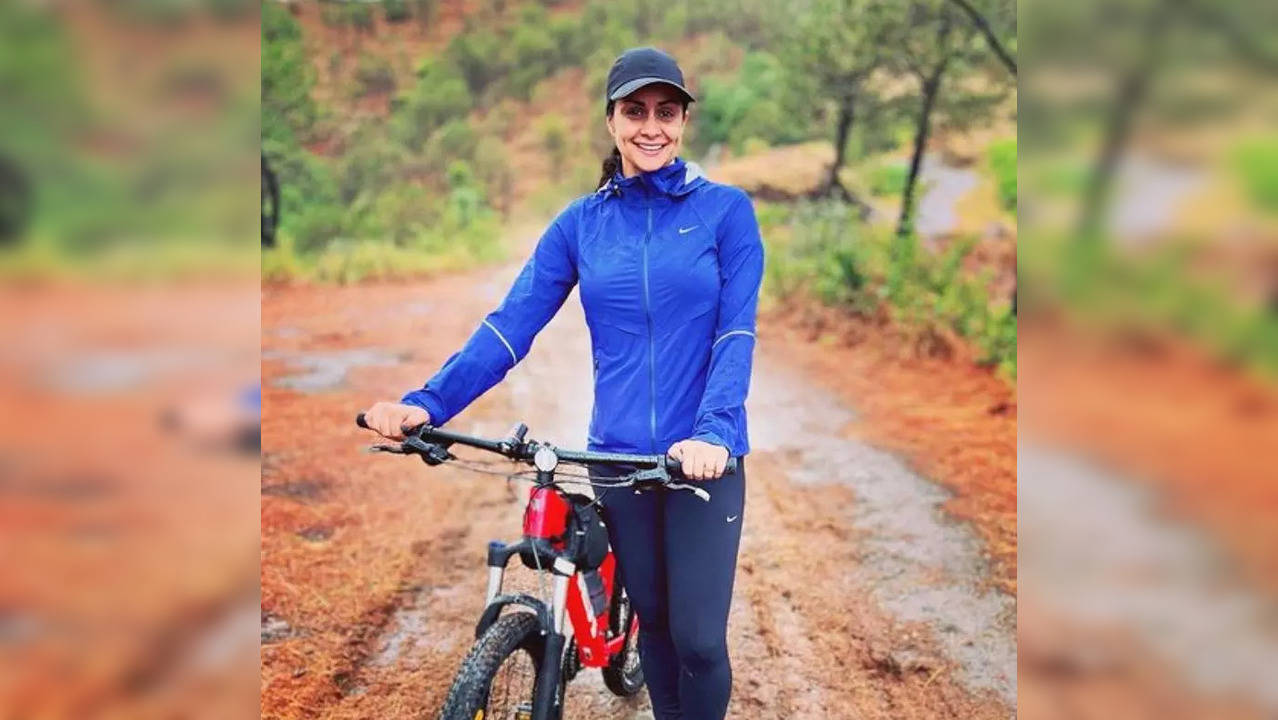 Gul Panag, who is currently in Himachal Pradesh, had earlier revealed on Instagram that she is all set to try her hands with a new fitness routine and it seems that uphill bike riding is her new way to stay in shape.  (Photo credit: Gul Panag/Instagram)