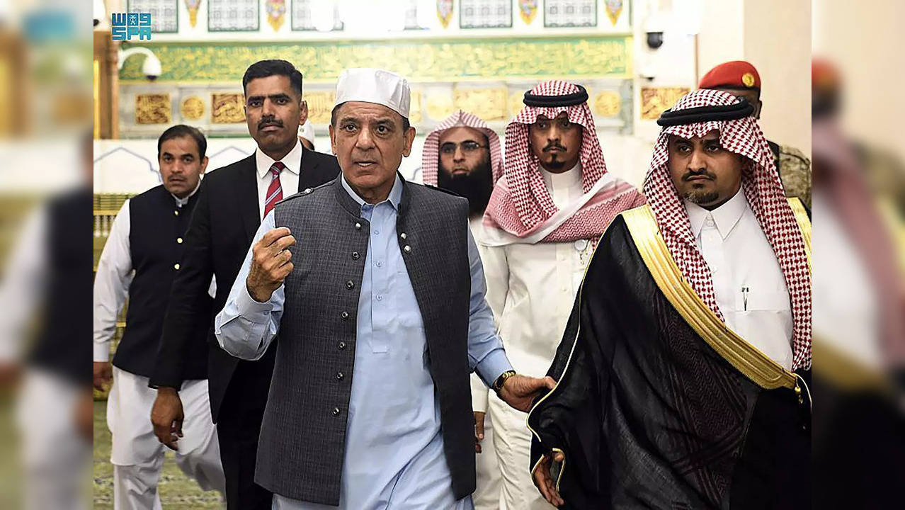 Medina: Prime Minister of Pakistan Shahbaz Sharif, third left, visits Prophet Mu...