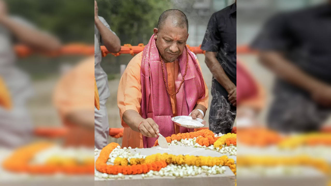 Ayodhya: Uttar Pradesh Chief Minister Yogi Adityanath during the foundation ston...