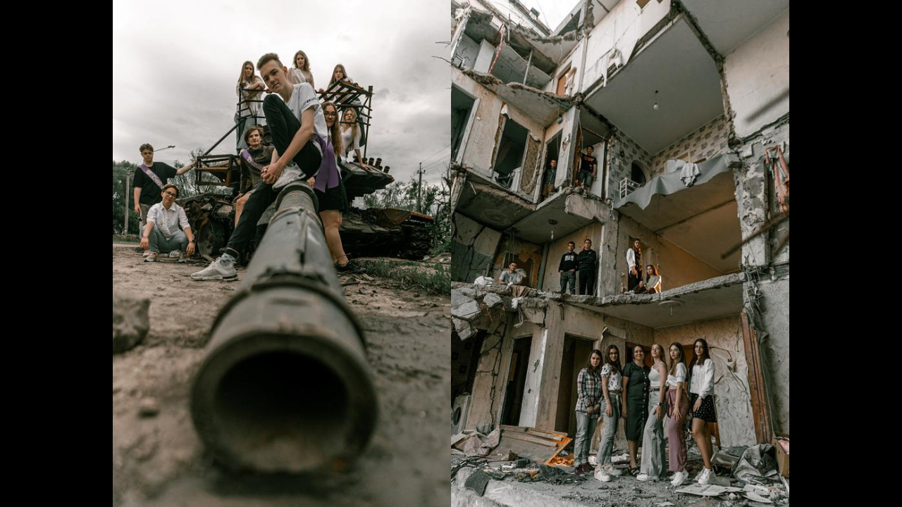 Ukraine students pose for graduation photoshoot at destroyed buildings in war-torn Chernihiv