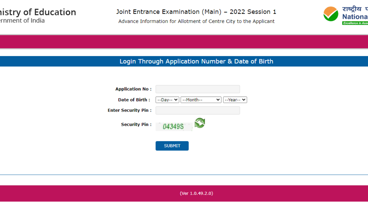 JEE Main 2022 exam city slip