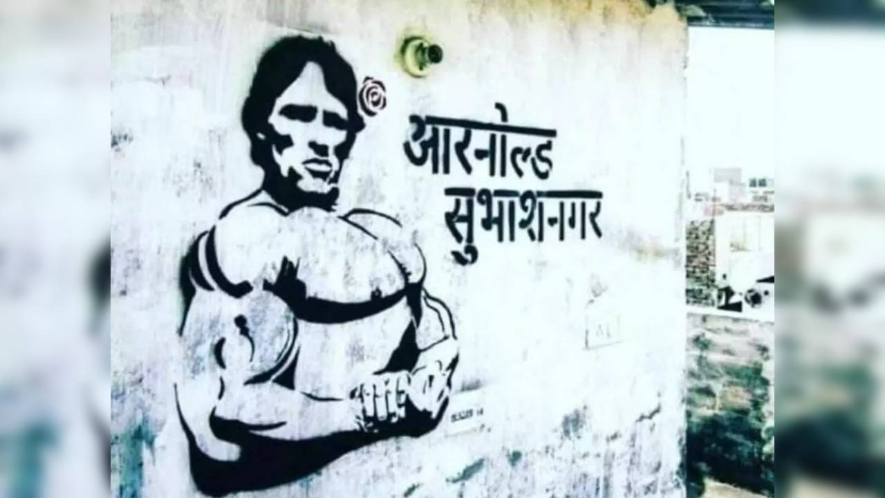 Graffiti that reads 'Arnold Subhashnagar' in Hindi | Picture courtesy: Twitter/@anandmahindra