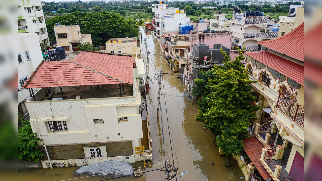 Bengaluru: Waterlogged Sai layout area after heavy overnight rain, in Bengaluru....