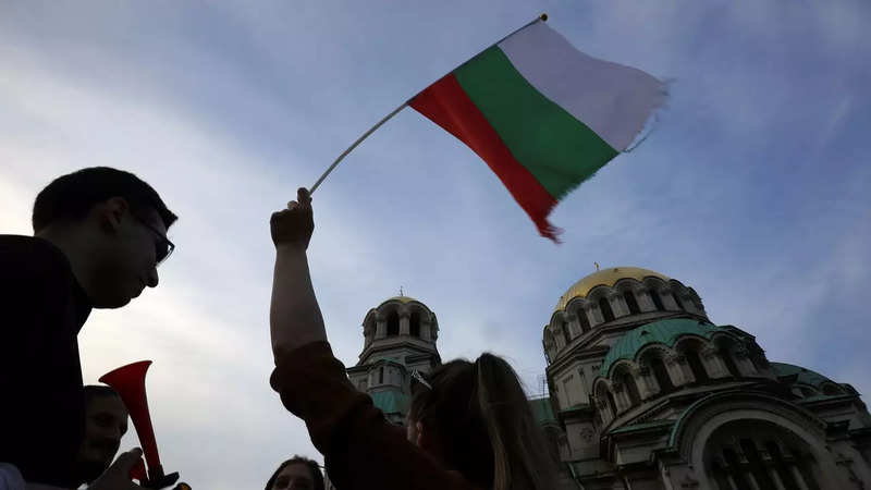 ​A pro-government protester holds a Bulgarian flag during a demonstration near the Parliament building in Sofia