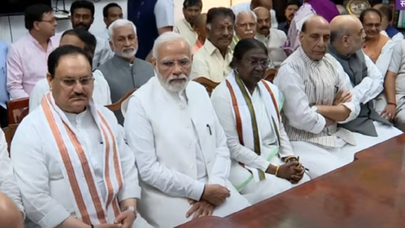 Presidential candidate Droupadi Murmu files her nomination at Parliament building in the presence of Prime Minister Narendra Modi, Union cabinet ministers and the Chief Ministers of BJP and NDA ruled states