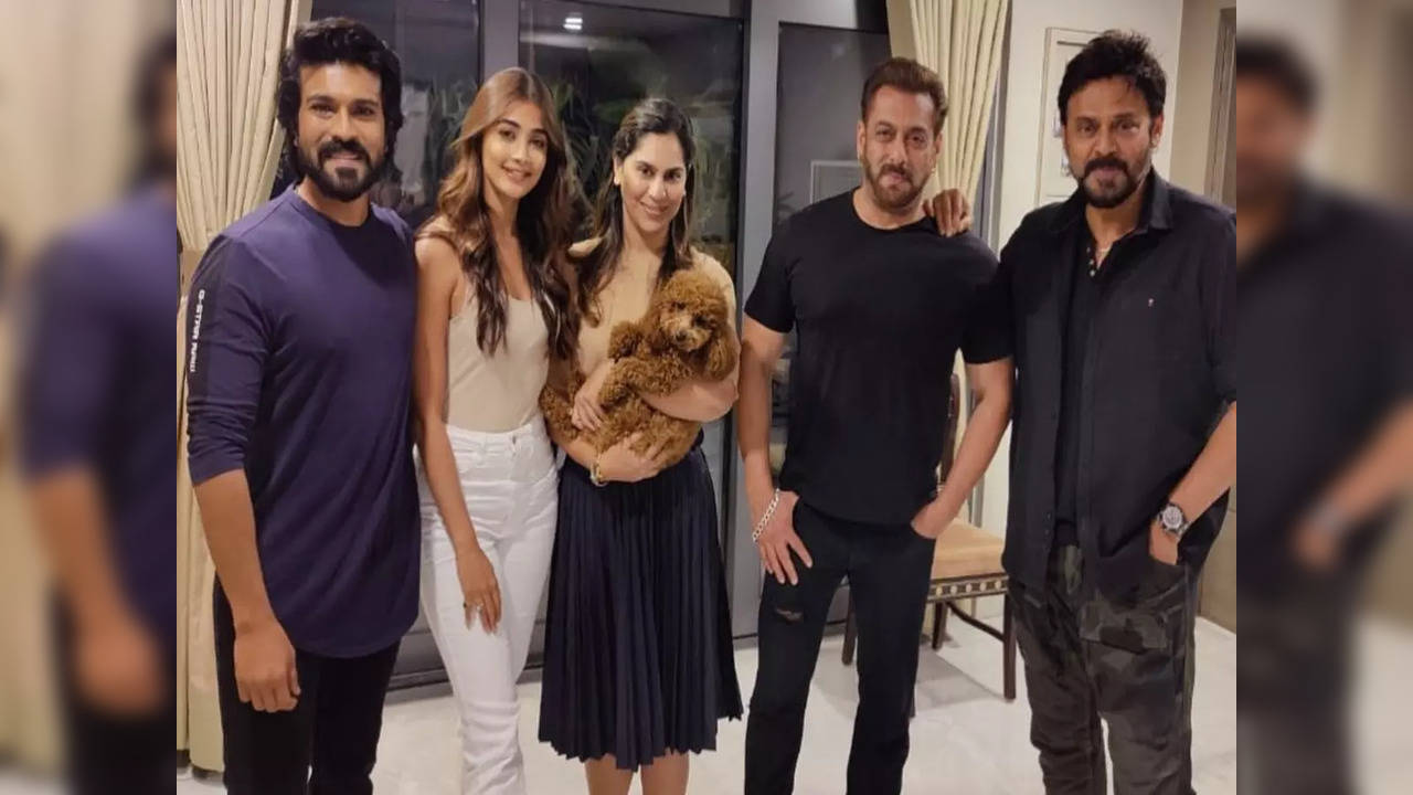 Salman Khan poses with Venkatesh, Ram Charan and others at latter's Hyderabad residence; fans say, 'megastars in one frame'