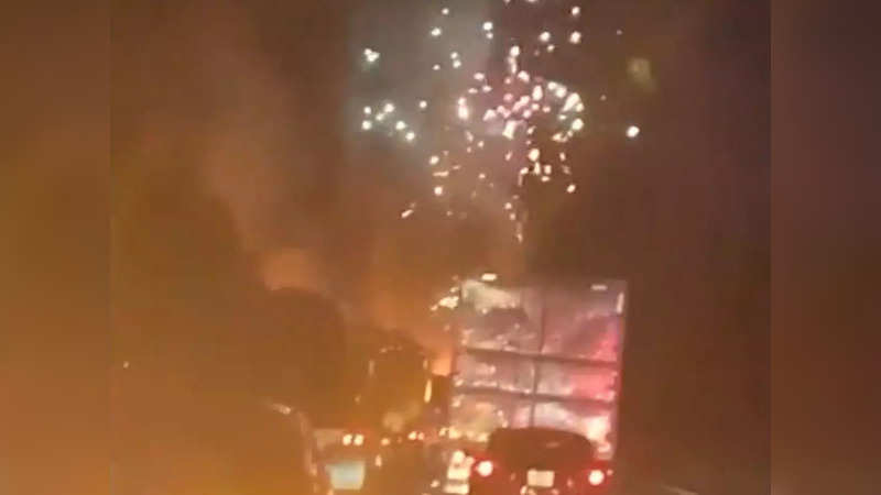 A truck carrying large amounts of fireworks caught fire on an interstate highway in New Jersey, USA | Picture courtesy: Twitter