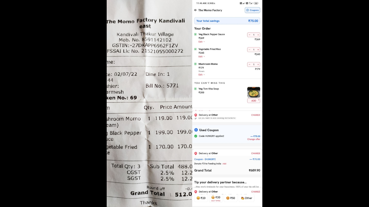 Mumbai man compares online and offline food order bills