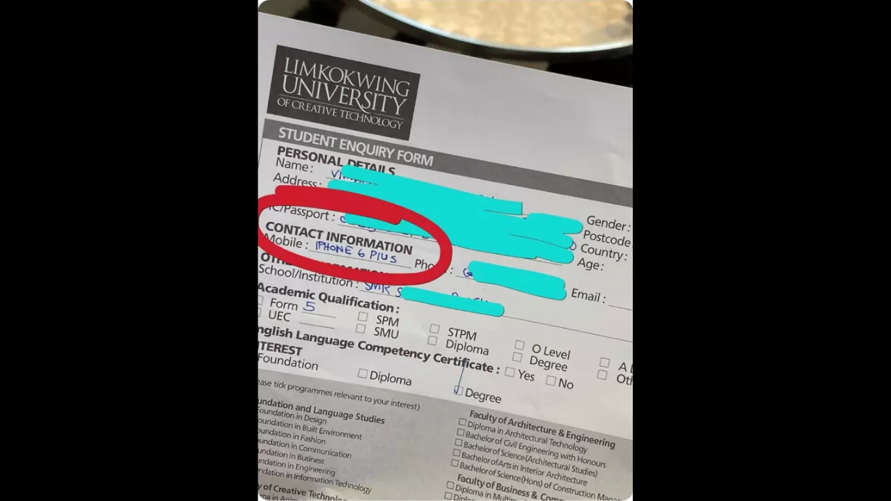 Student writes mobile's model number in form instead of  phone number