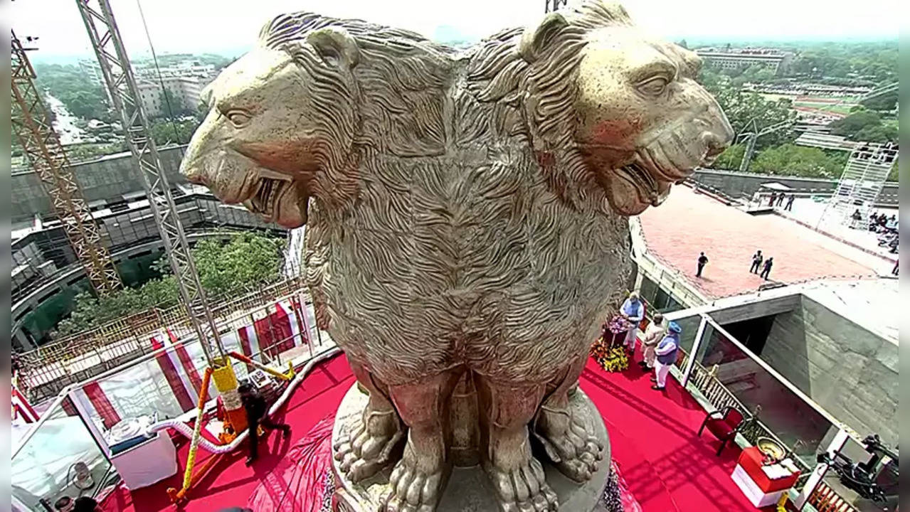 New Delhi, July 11 (ANI): A 6.5m long bronze National Emblem cast unveiled by th...