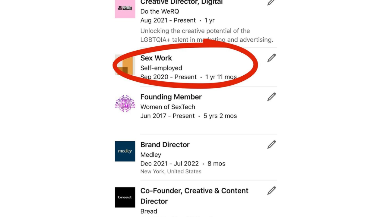 Woman puts 'sex work' on LinkedIn profile​​