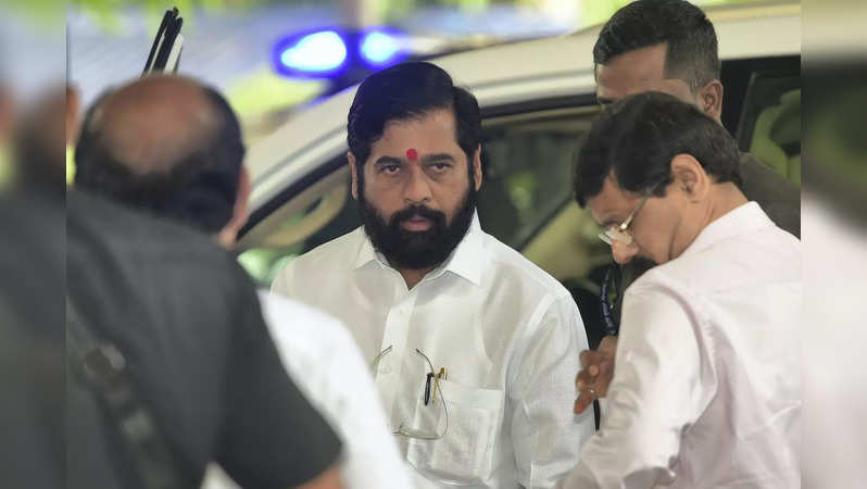 Mumbai: Maharashtra Chief Minister Eknath Shinde arrives to cast his vote for th...