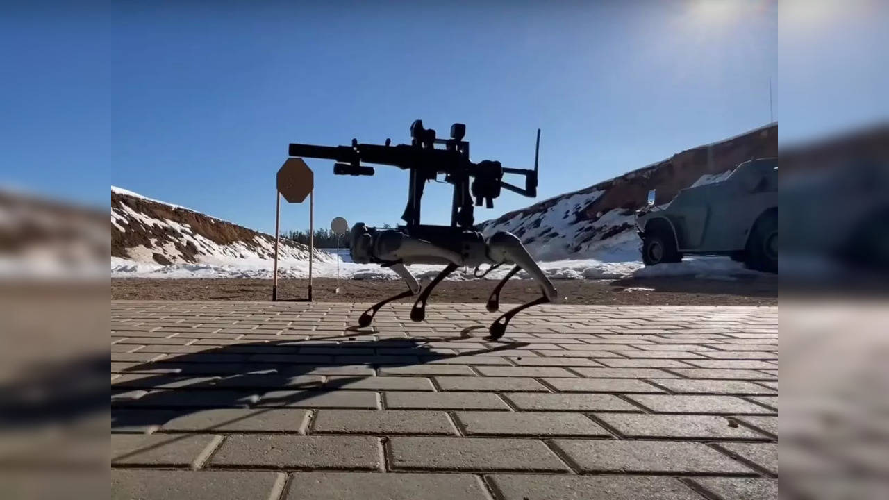 A robot dog equipped with a submachine gun fires along a range in Russia | Picture courtesy: Twitter/@sonicmega