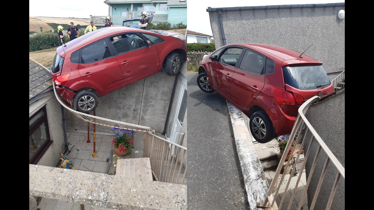 Here's how this car got wedged in the upper wall of a two-story