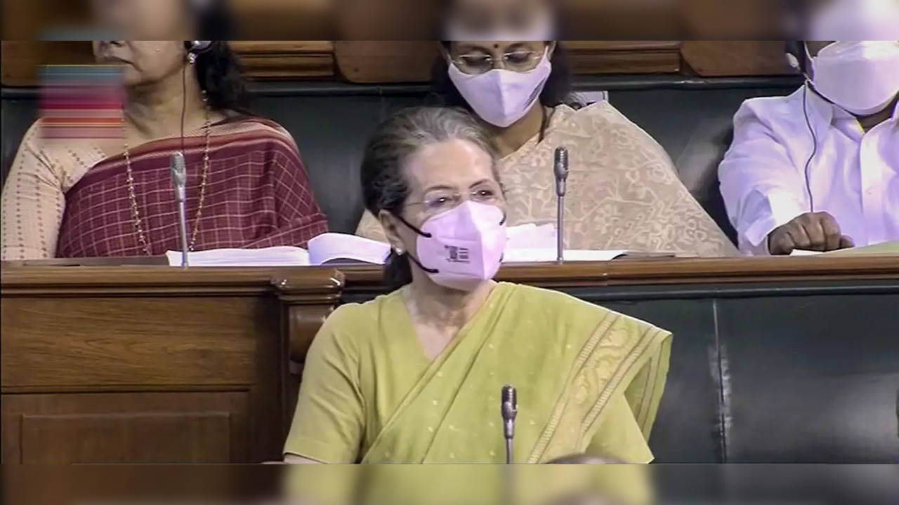 **EDS: TV GRAB** New Delhi: Congress MP Sonia Gandhi in Lok Sabha during the Mon...