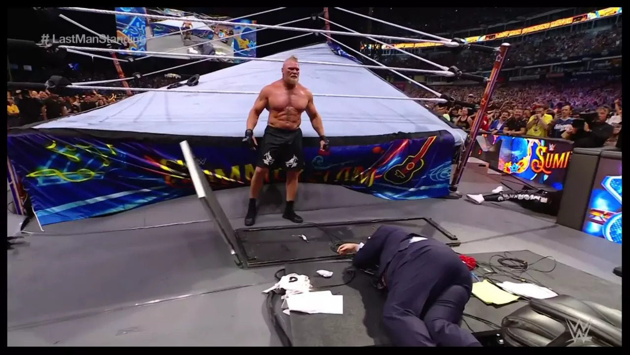 Brock also gave Heyman an F-5 on the commentary table