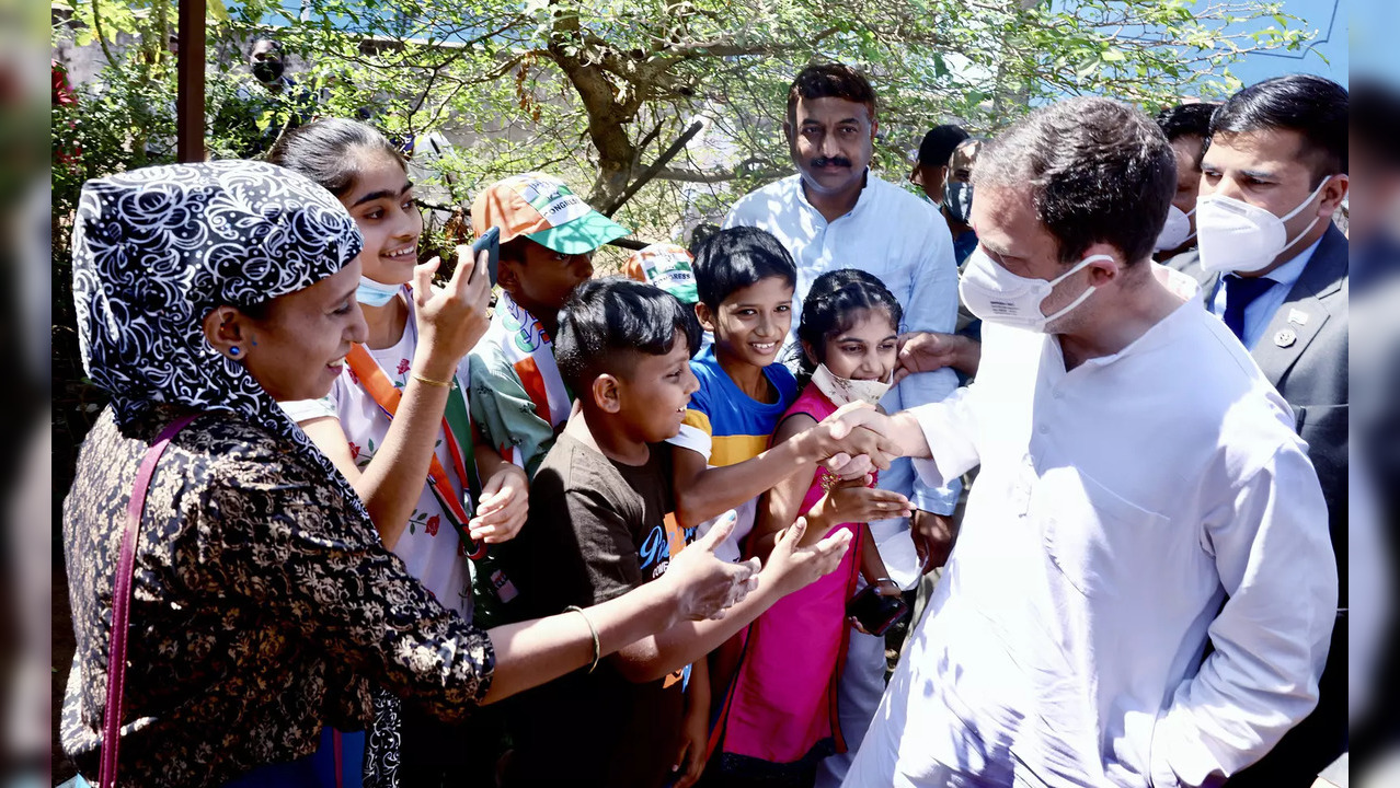 South Goa, Feb 04 (ANI): Congress leader Rahul Gandhi shakes hand with children ...