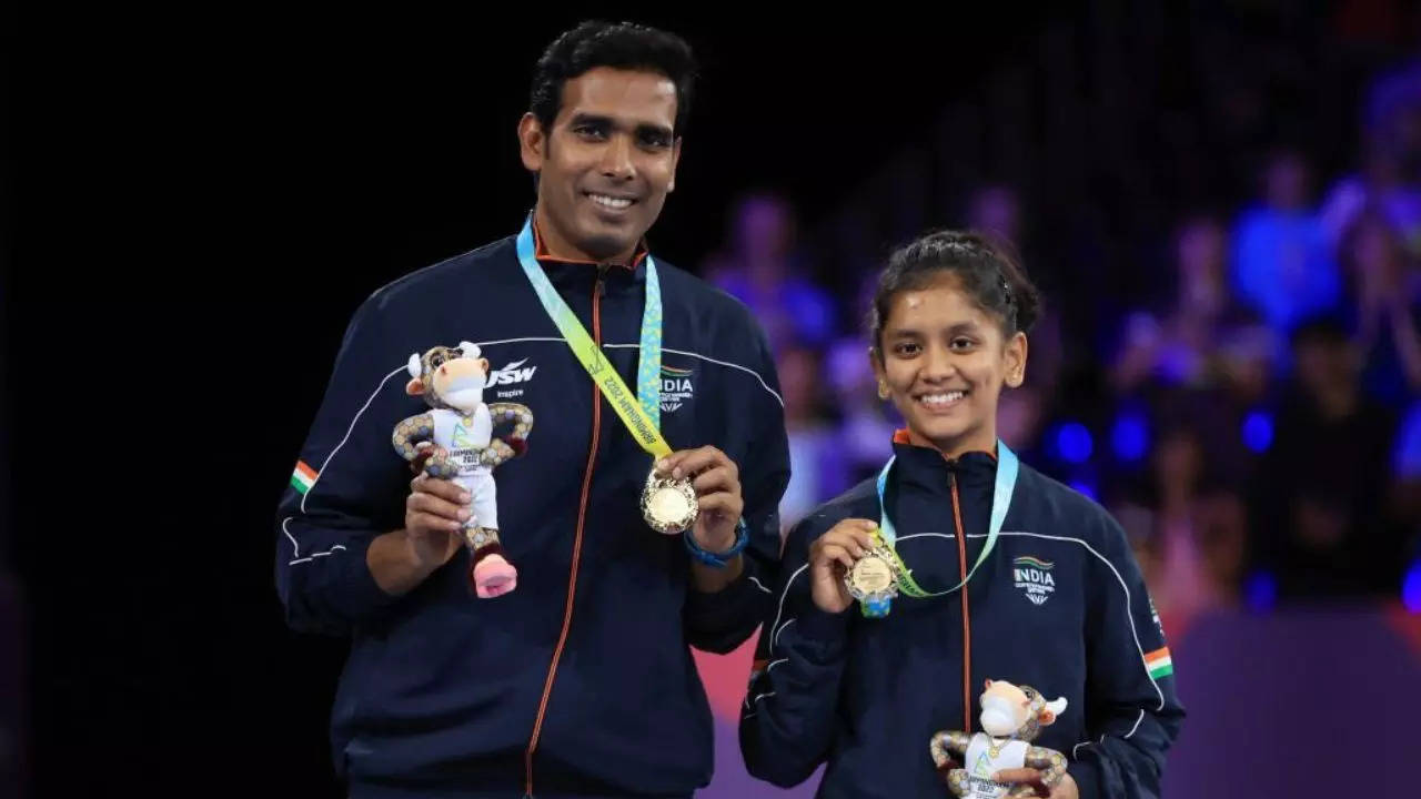 Sharath and Sreeja INDIA TT Gold CWG 2022 AP photo